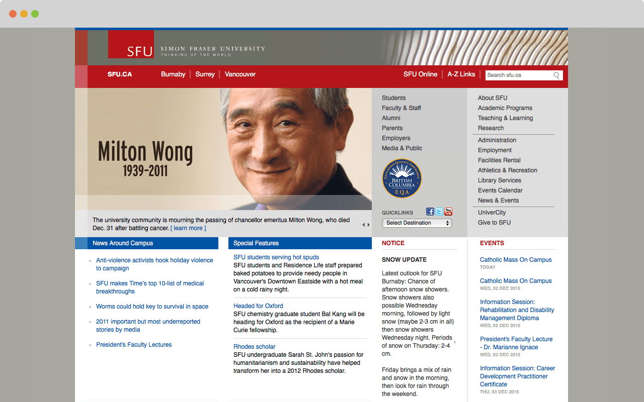 SFU's homepage after refactor