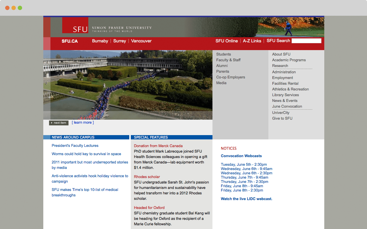 SFU's homepage before refactor